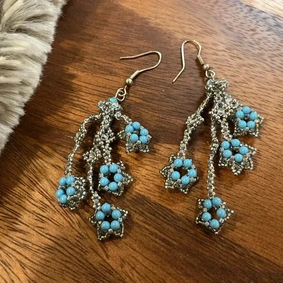 Vintage Beaded Earrings Artisan Handmade • Blue Floral Dangles - Picture 2 of 2